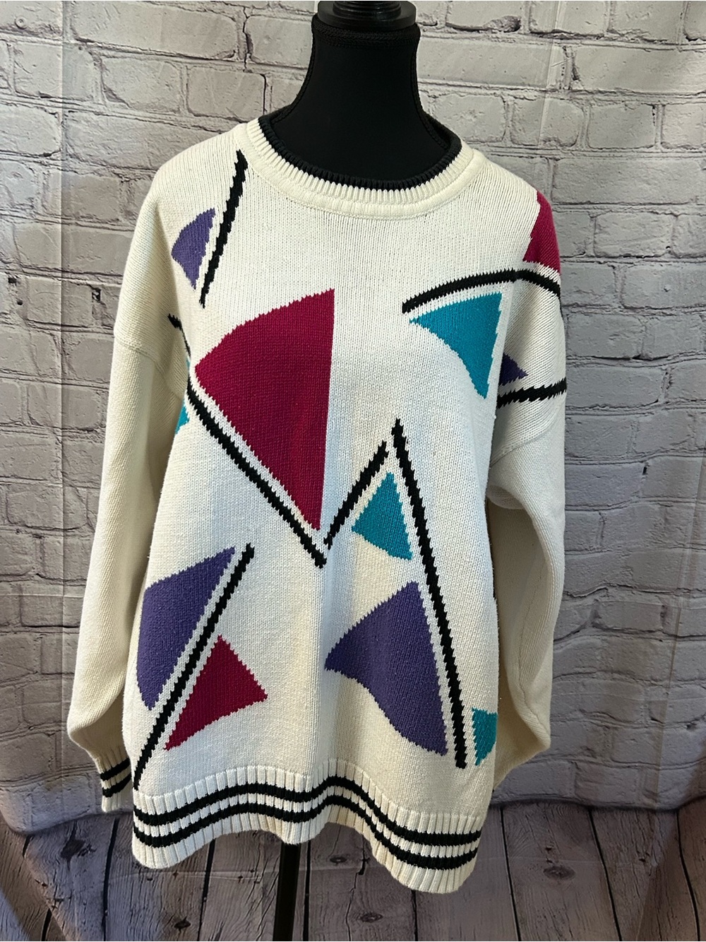 Van Heusen Cream Sweater with Purple, Teal & Magenta Geometric Print